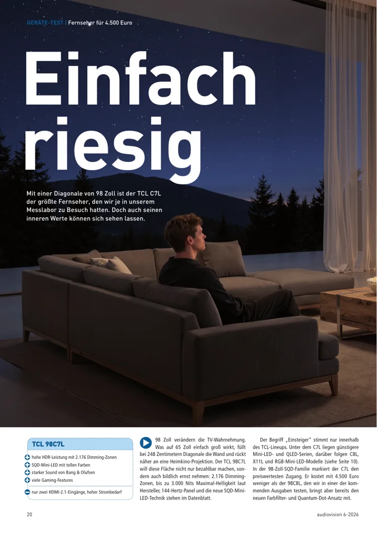 audiovision-Artikelaufmacher Einfach riesig zum TCL 98C7L, Ausgabe 6/2026