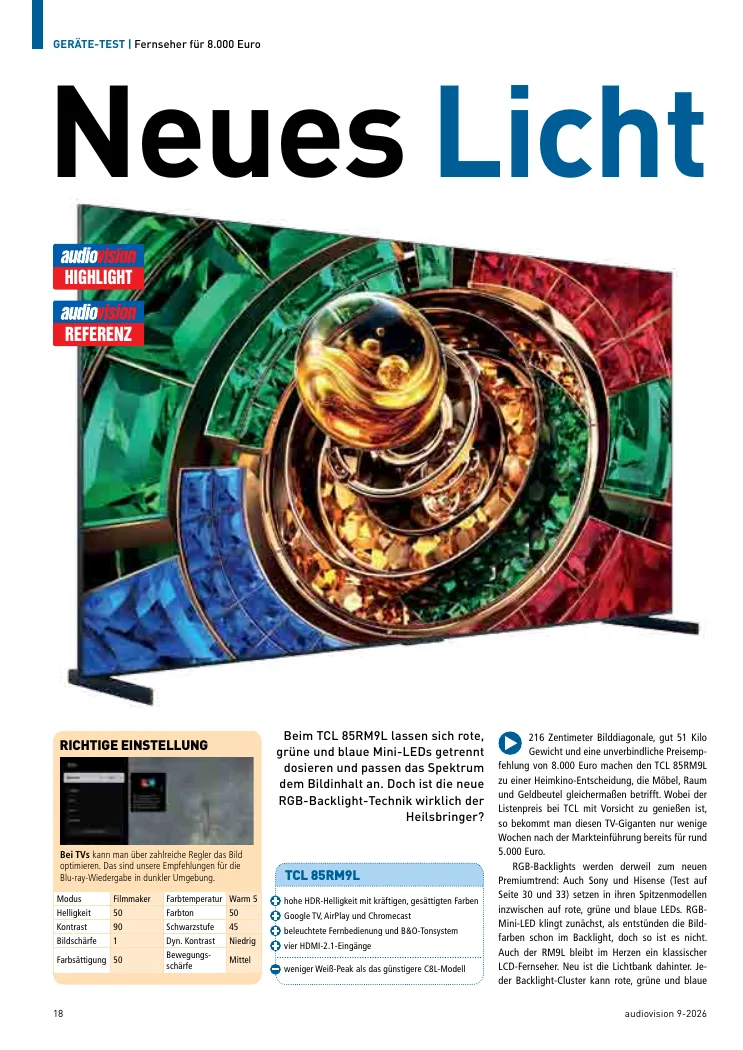 audiovision-Artikelaufmacher Neues Licht zum TCL 85RM9L, Ausgabe 9/2026