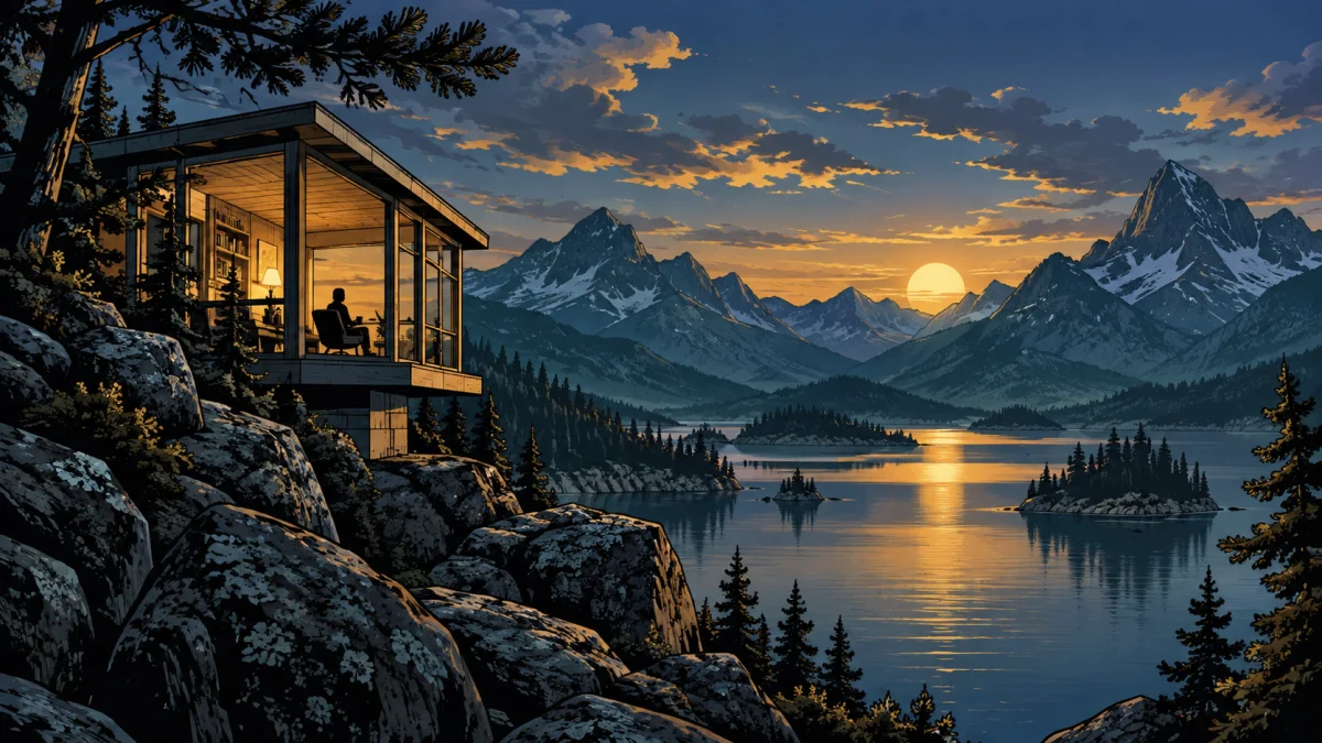 Comic-Filmszene: beleuchtete Berghütte, dunkle Felsen und Sonnenuntergang am See