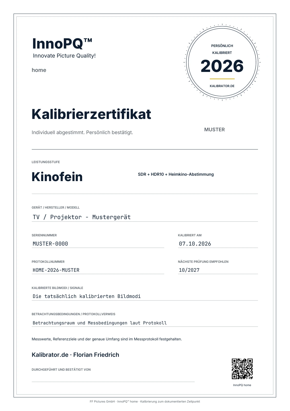 Muster des InnoPQ home-Kalibrierzertifikats mit Jahr und Geräteangaben