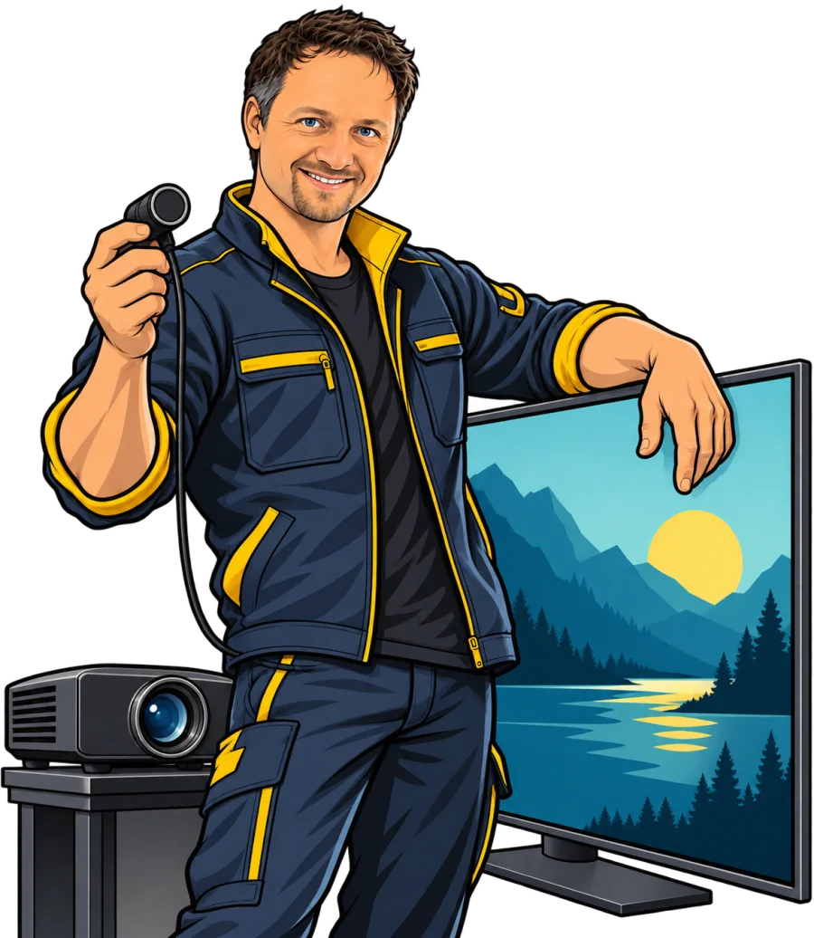 Der Kalibrator mit Messgerät, TV und Projektor im Comic-Stil