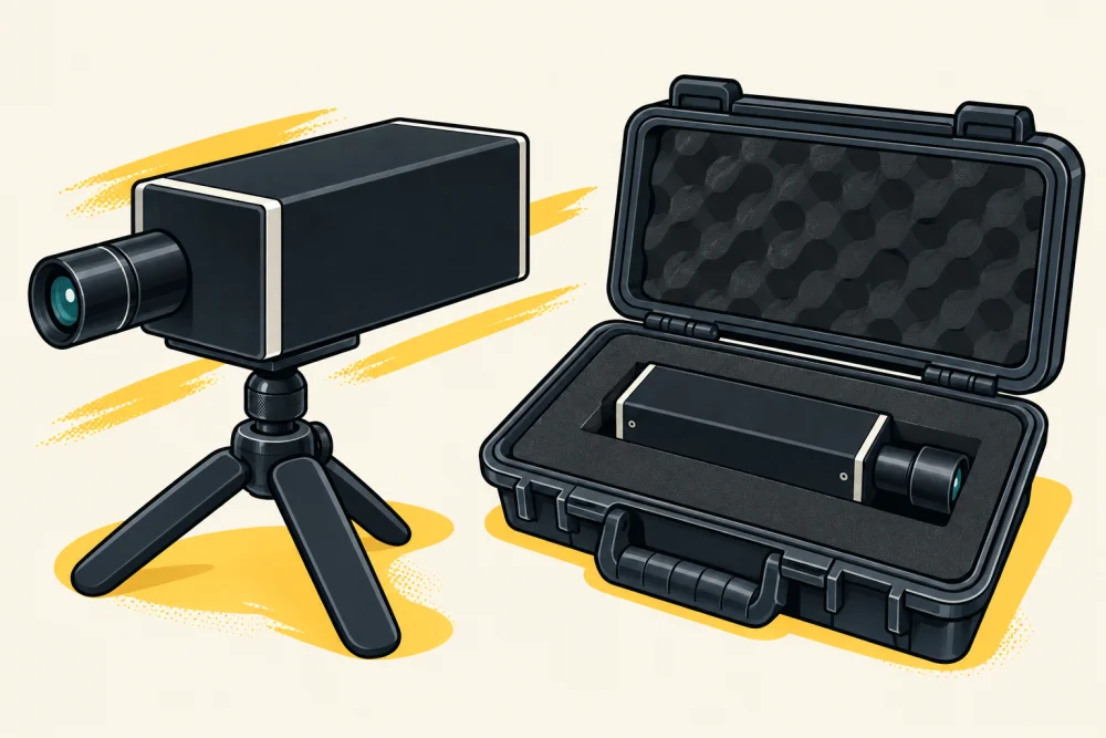 Simplified comic illustration of two optical measurement instruments, on a tripod and in a carrying case